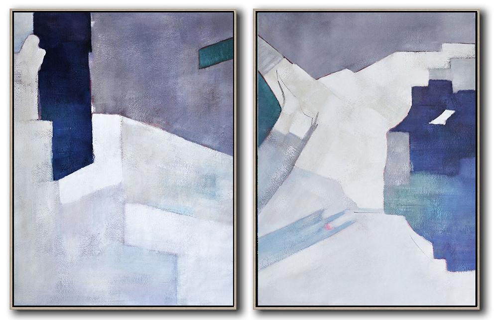 Hand-painted Set of 2 Contemporary Art on canvas - White Canvas Art Large